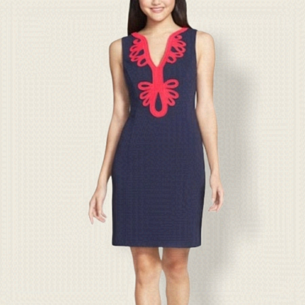 LILLY PULITZER Janice Navy Coral Knit Shift Embroidered Mini Dress Size XS